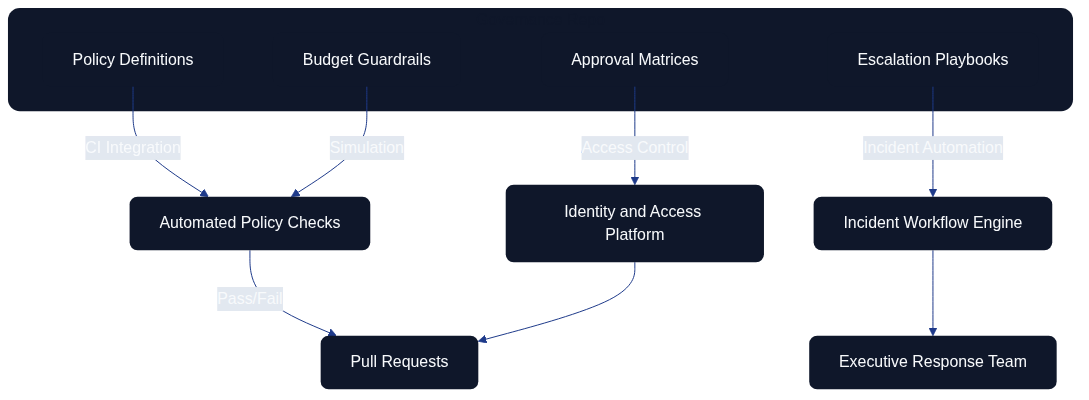 Governance pipeline showing repositories feeding automated checks, workflows, and access control